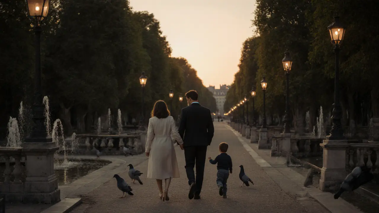 Two people walking slowly through Luxembourg Gardens at dusk, one beside the other in silent companionship.