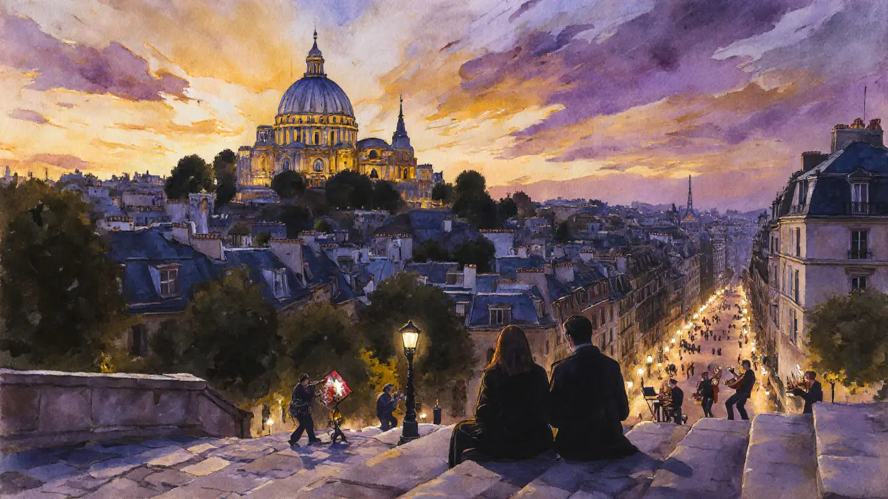 Two people watch Paris light up from the steps of Sacré-Cœur at dusk.
