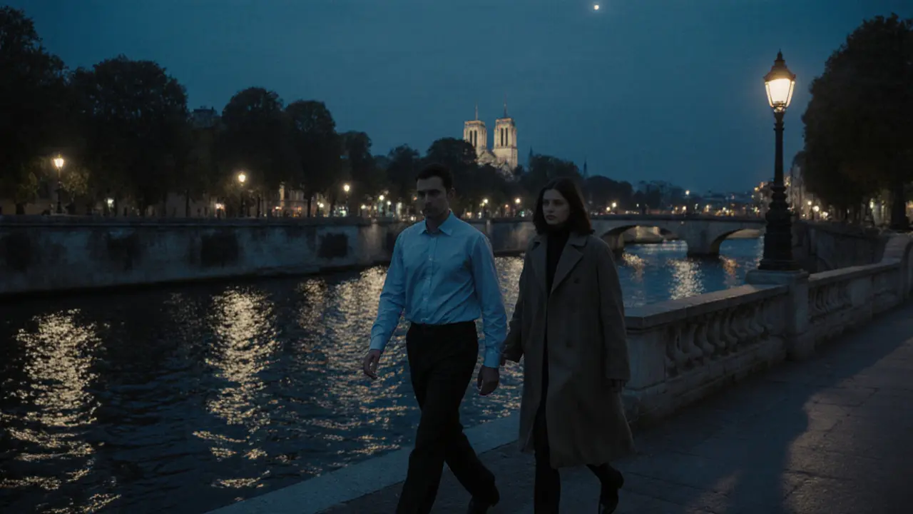Two silent figures walking beside the Seine at night, under streetlamps, rain reflecting on the water.
