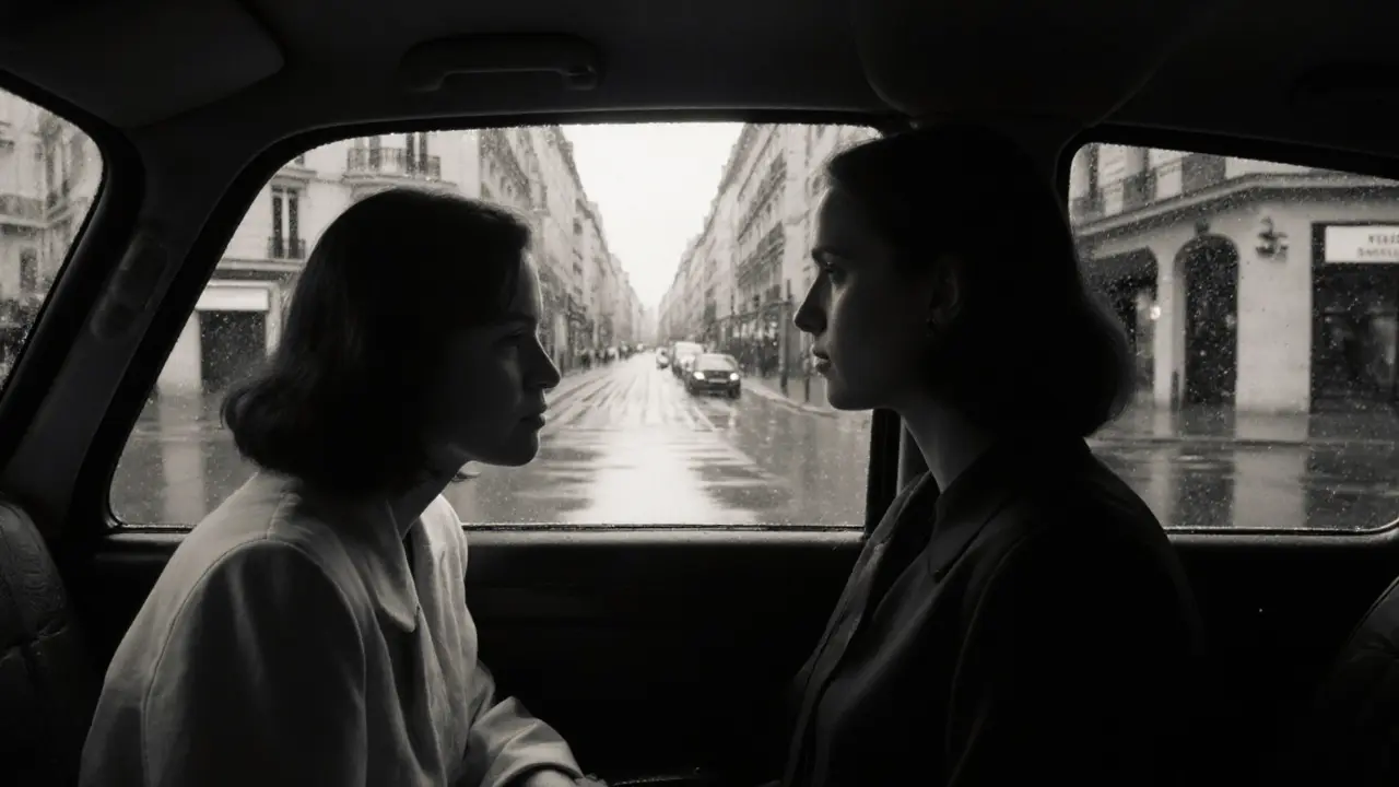 Two women share a quiet nod in a taxi at night, rain reflecting off Parisian streets, faces obscured, atmosphere of discreet connection.