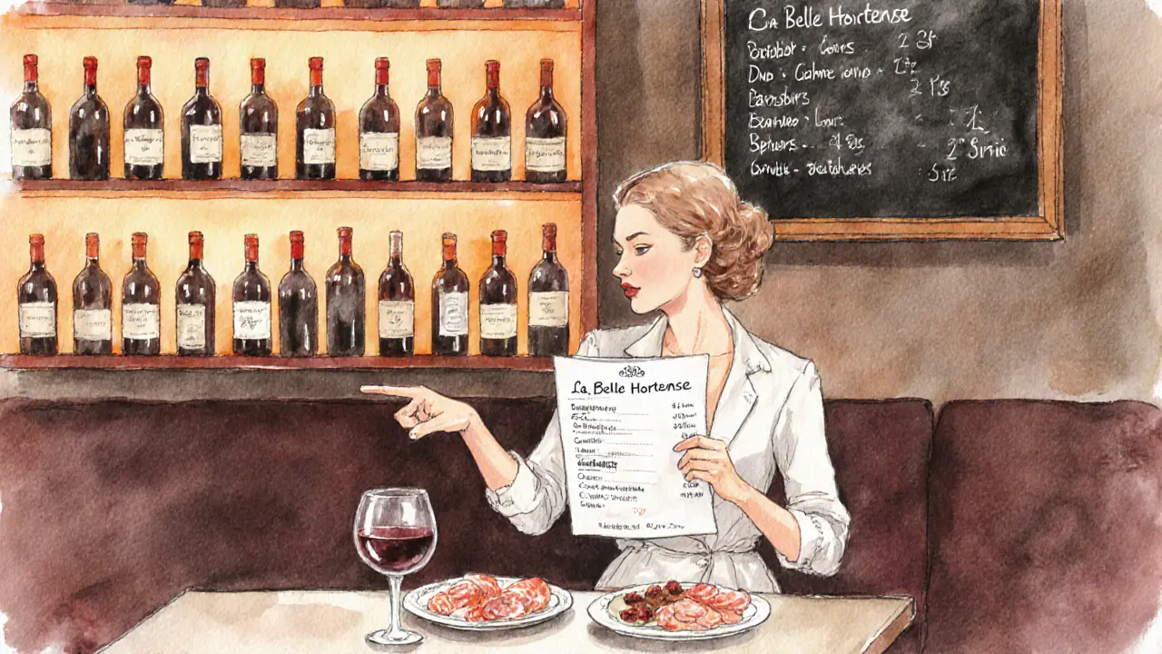 Woman pointing to wine list in a cozy Parisian wine bar with bottles glowing in amber light.