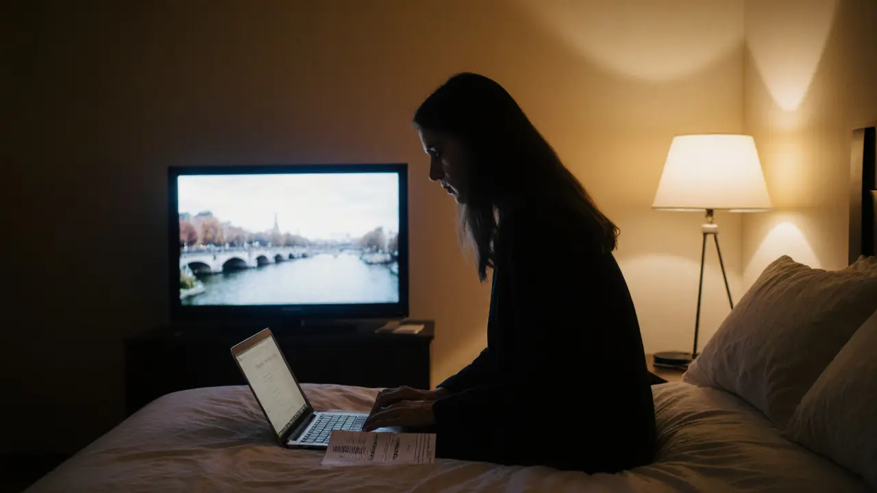 Woman sitting on bed at night, laptop closed, receipt beside her, dim light reflecting off a TV screen.