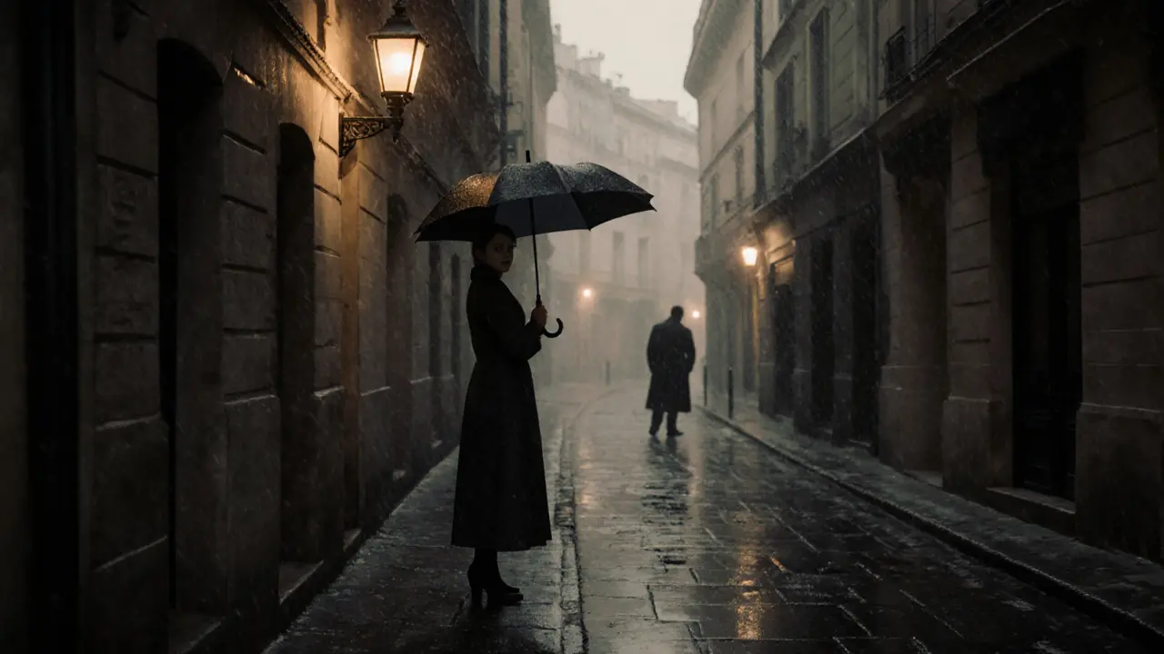 Woman standing under a gaslamp in a misty Paris alley, figure hesitating in distance.