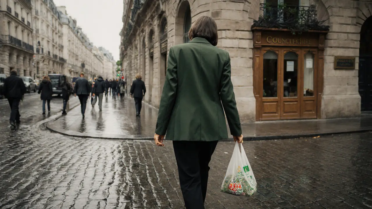 Woman walking quietly through a rainy Paris street, head down, wearing a blazer and trousers, avoiding eye contact.