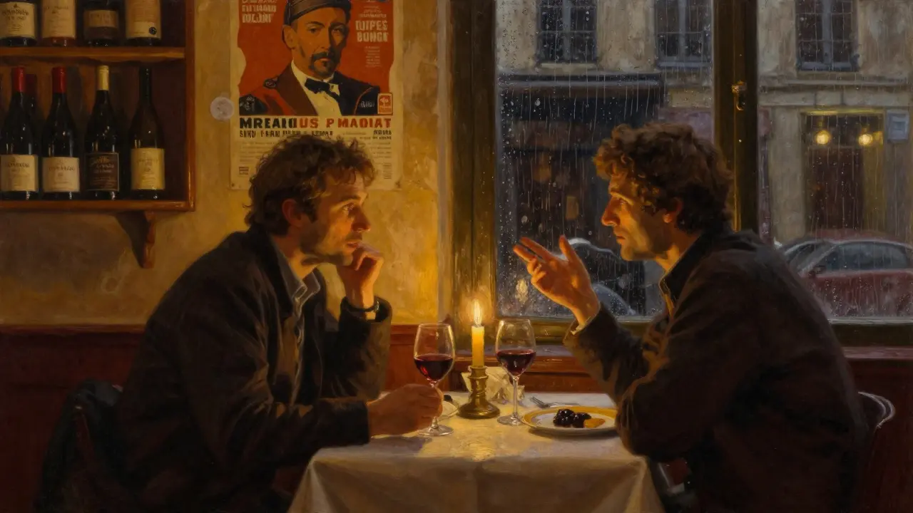 A candlelit dinner in a Le Marais bistro with two men engaged in thoughtful conversation.