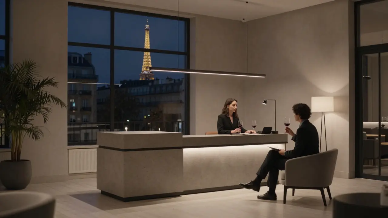 A client and escort sitting calmly in a modern hotel lobby, sipping wine with city lights in the background.