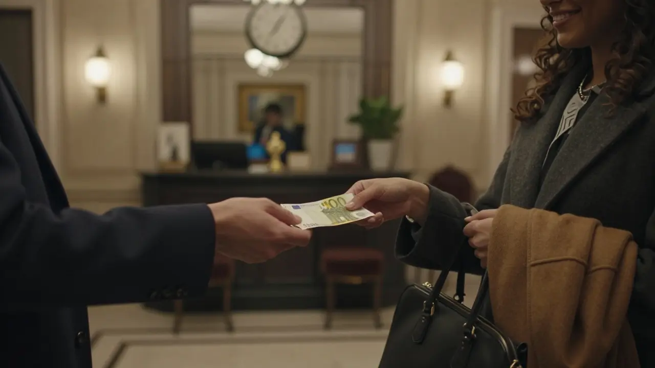 A discreet cash exchange in a hotel lobby in Paris, hands passing money with a warm, respectful gesture.