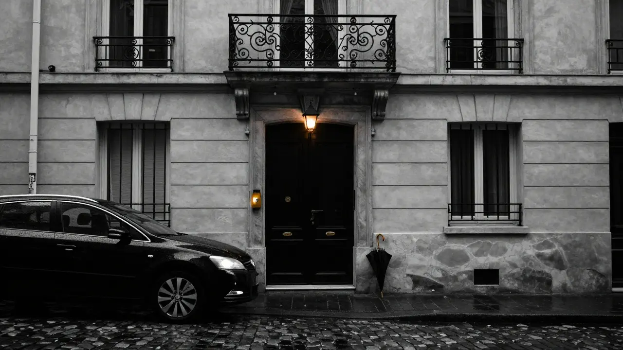 A discreet townhouse entrance in Paris with a glowing buzzer and rain-slicked cobblestones.