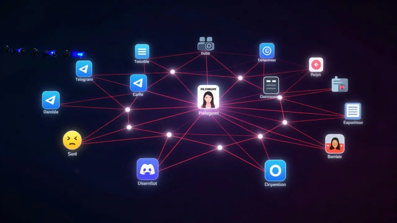 A glowing digital network of apps connecting to a single worker, with distant police sirens in the background.