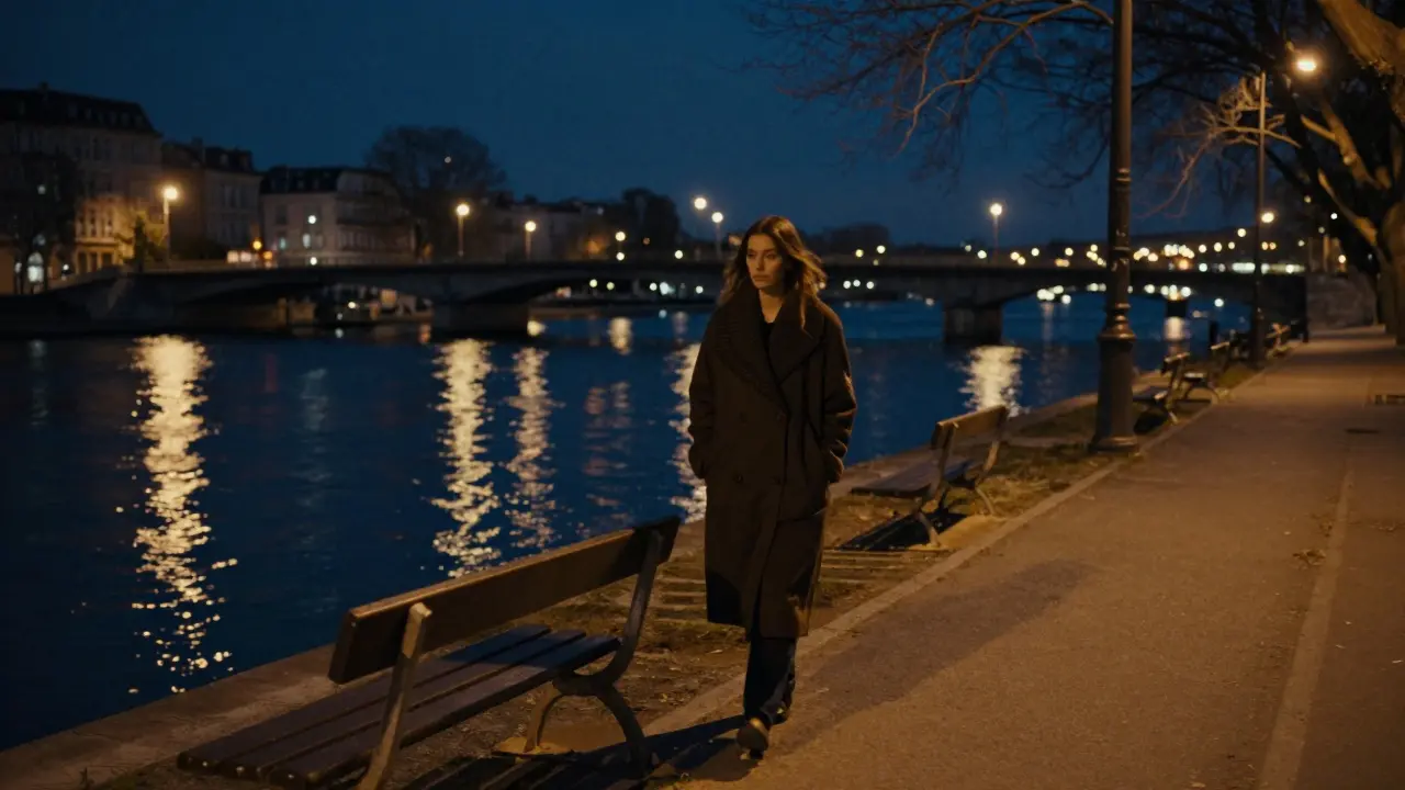 A lone woman walks by the Seine at night, her reflection glowing in the water.
