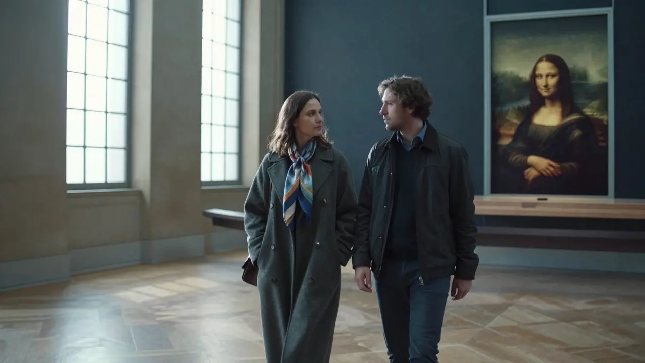 A man and woman walk peacefully through the empty Louvre at dawn, pausing before the Mona Lisa, sunlight streaming through the grand halls.