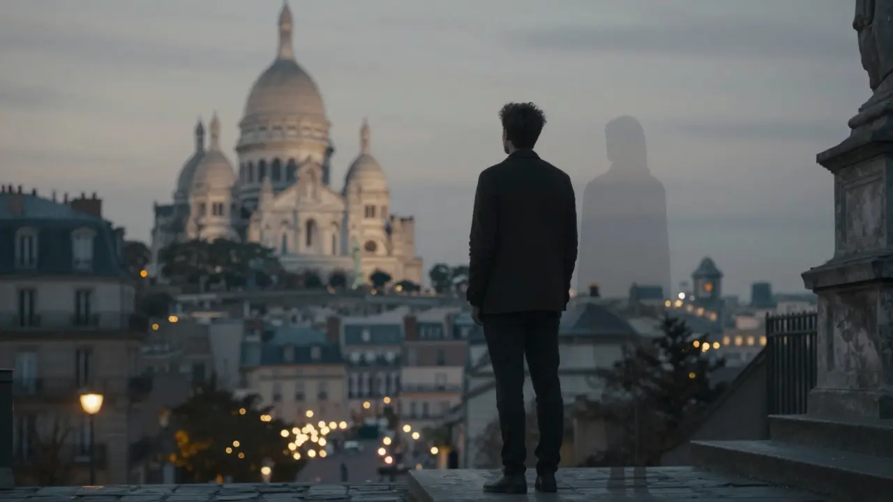 A man at Montmartre at twilight, accompanied by a subtle presence symbolizing companionship.