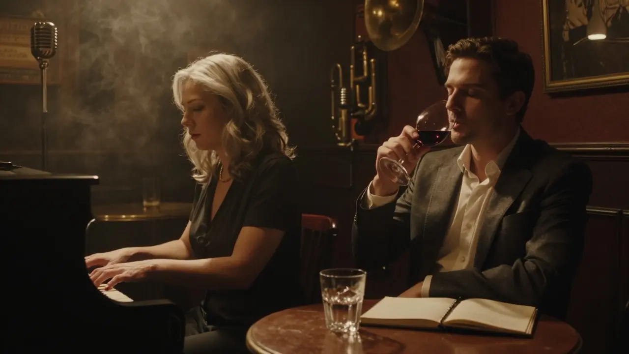 A man listens to jazz in a dimly lit Parisian club, wine in hand, as a pianist plays under a spotlight.