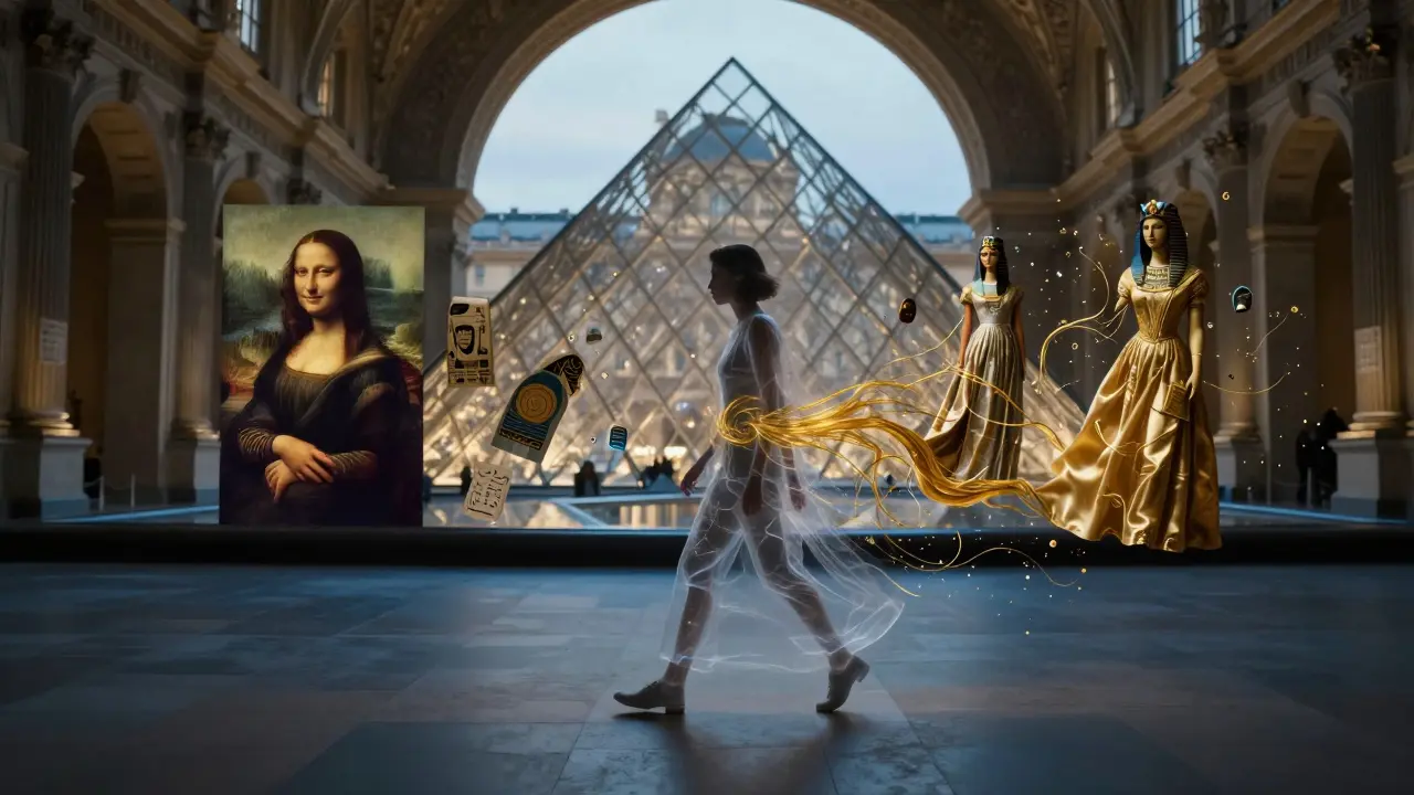 A person dissolves into fragments of famous artworks as they walk through the Louvre’s grand halls.