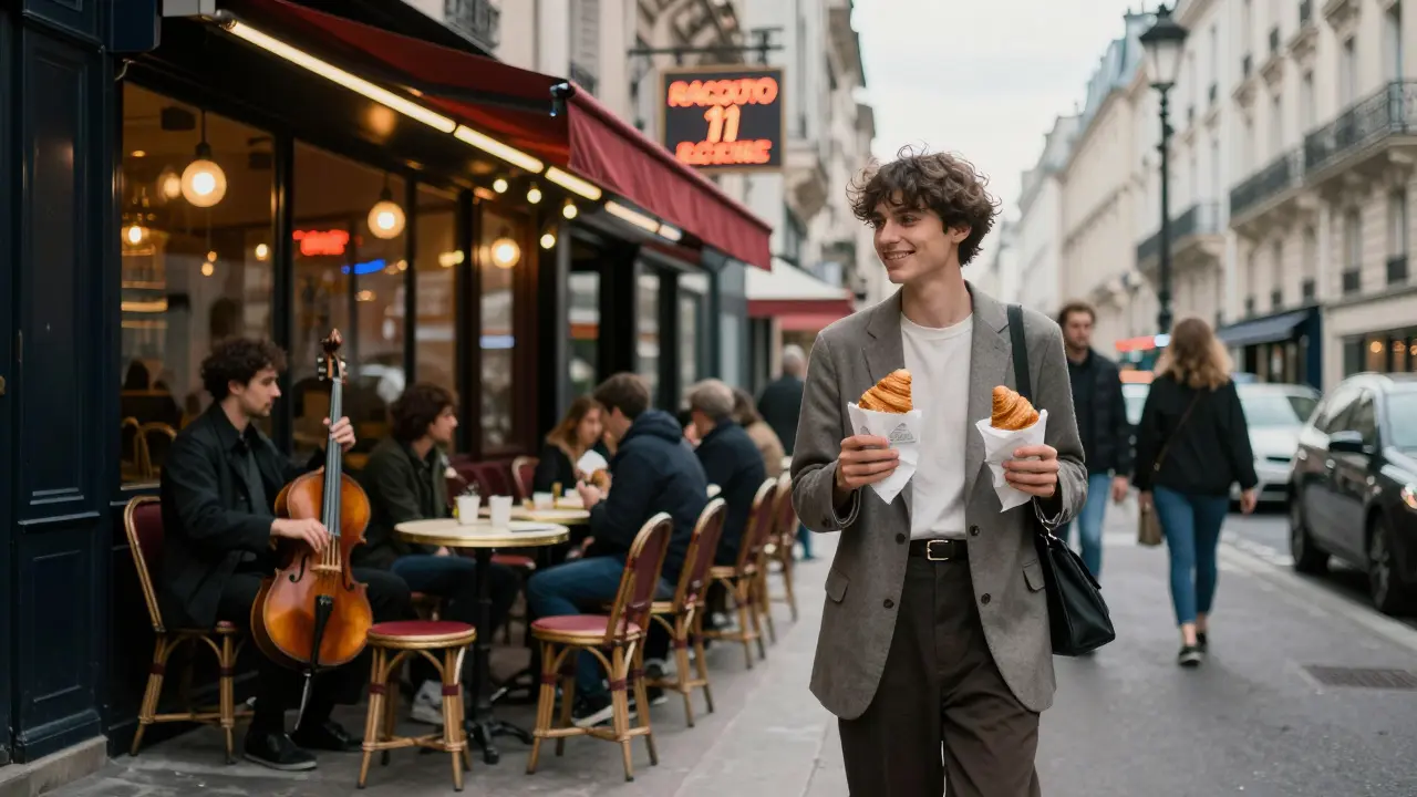 A person walking through a vibrant Paris 11 street at dusk, listening to a jazz musician.