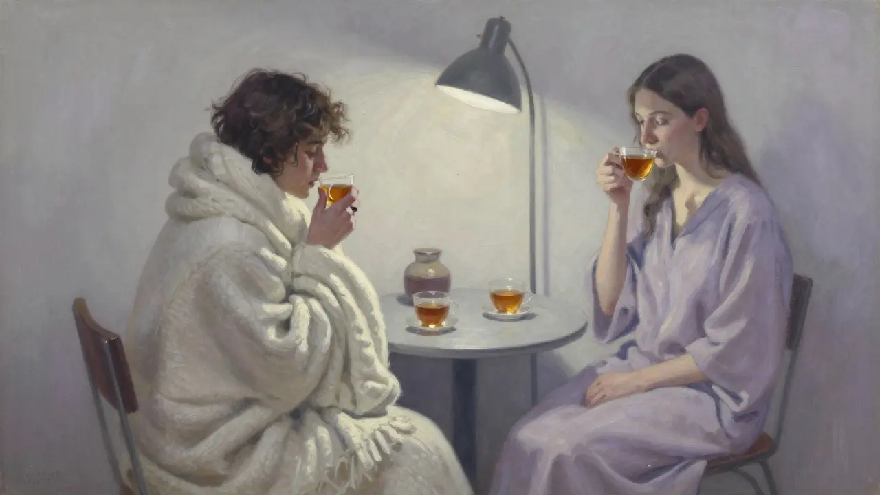 A person wrapped in a blanket sipping tea as a domina sits silently nearby in calm aftercare.