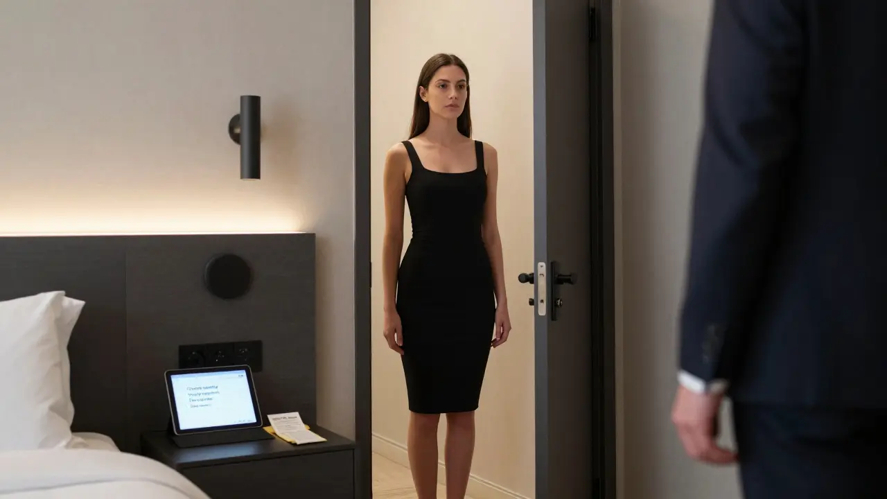 A professional encounter in a hotel room, with a tablet displaying safety checklist and cash on display.