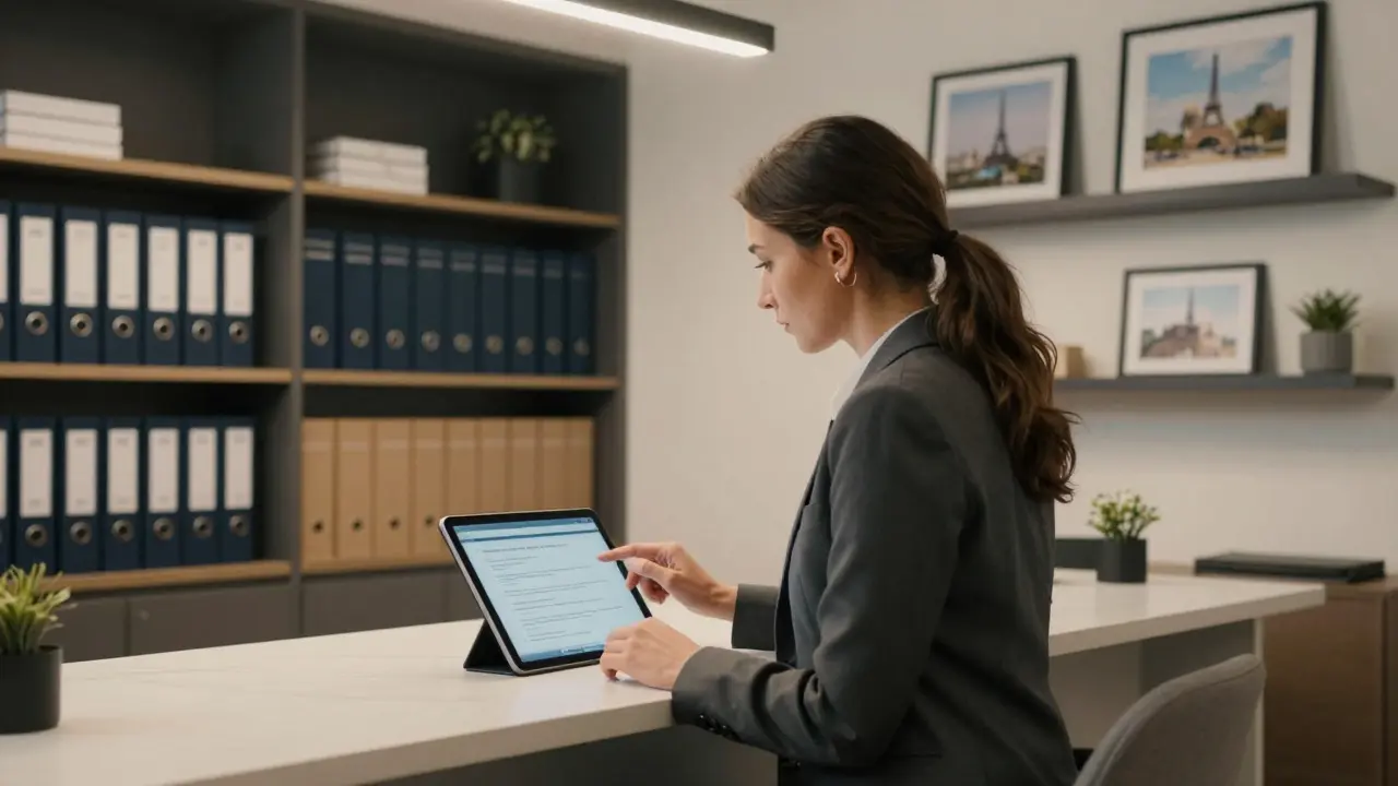 A professional woman reviews secure messages in a discreet Paris agency office.