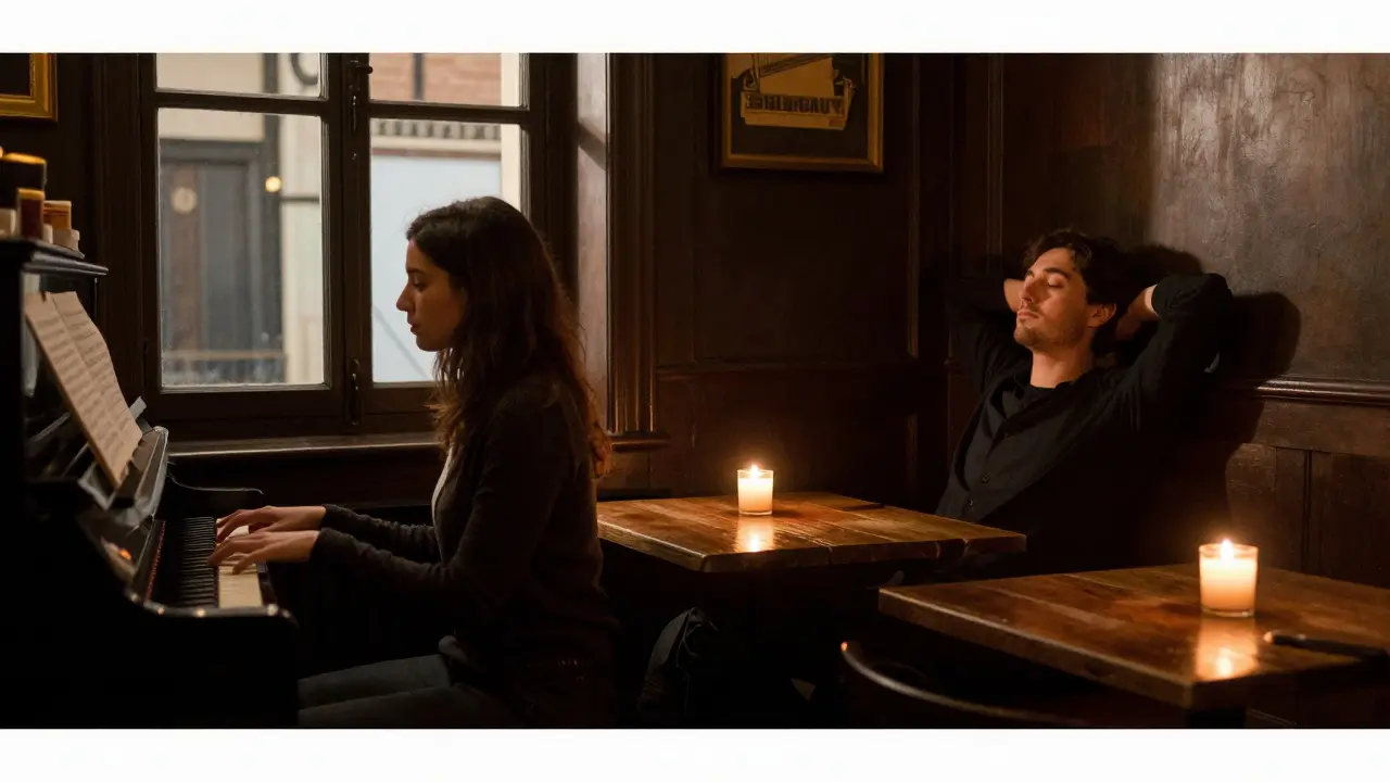 A quiet Montmartre bar at night, a woman listens to piano music as a man relaxes beside her in stillness.