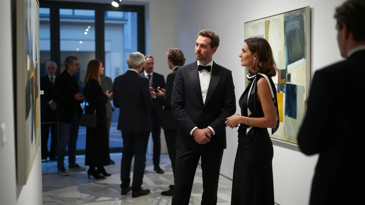 A refined couple at an exclusive Paris gallery opening, surrounded by muted guests in evening wear.