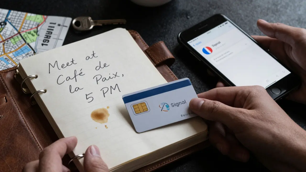 A smartphone with a Signal message and a handwritten note on a table, hinting at a private meeting.