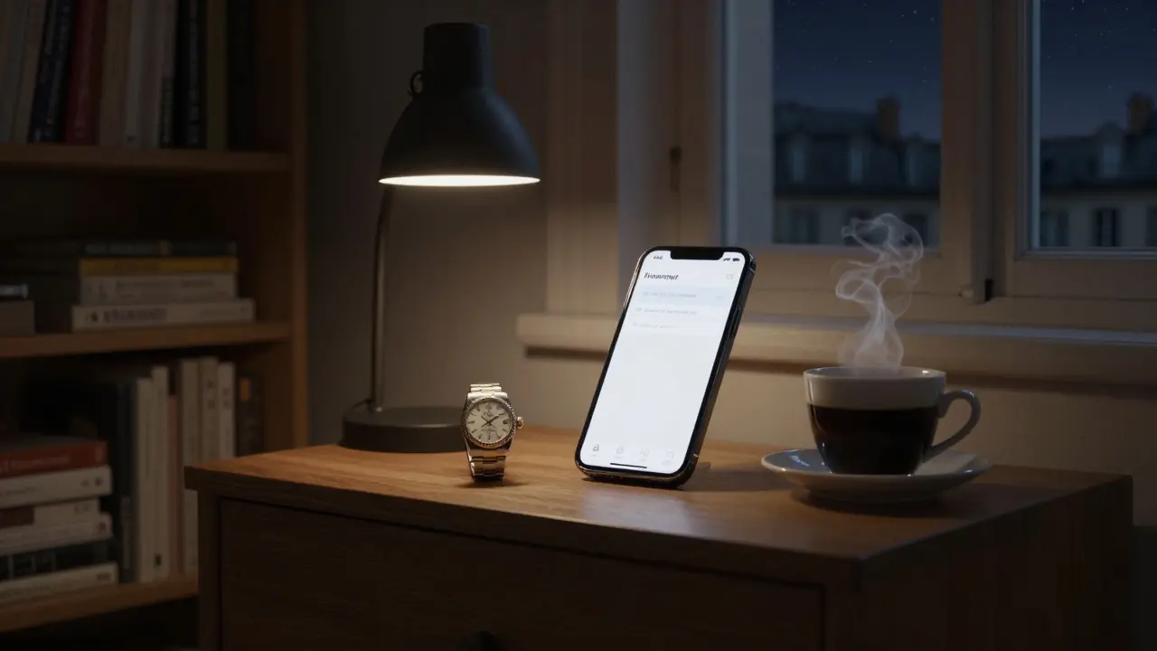 A smartphone with encrypted messages beside a vintage watch and coffee in a Parisian bedroom.