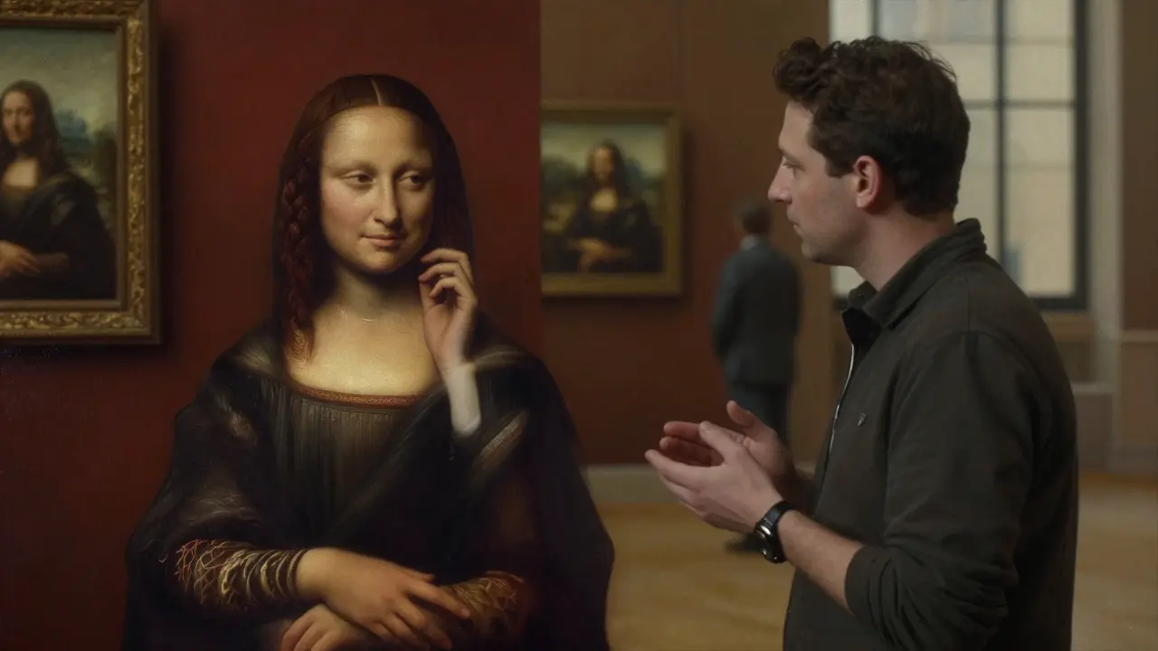 A thoughtful woman and a quiet guide contemplate a Renaissance portrait together in the Louvre.