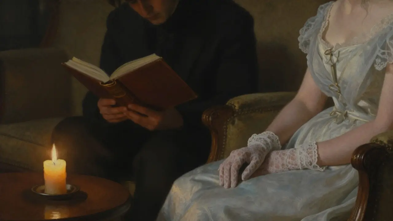 A woman&#039;s gloved hands rest in her lap as a shadowed figure reads aloud in dim candlelight.