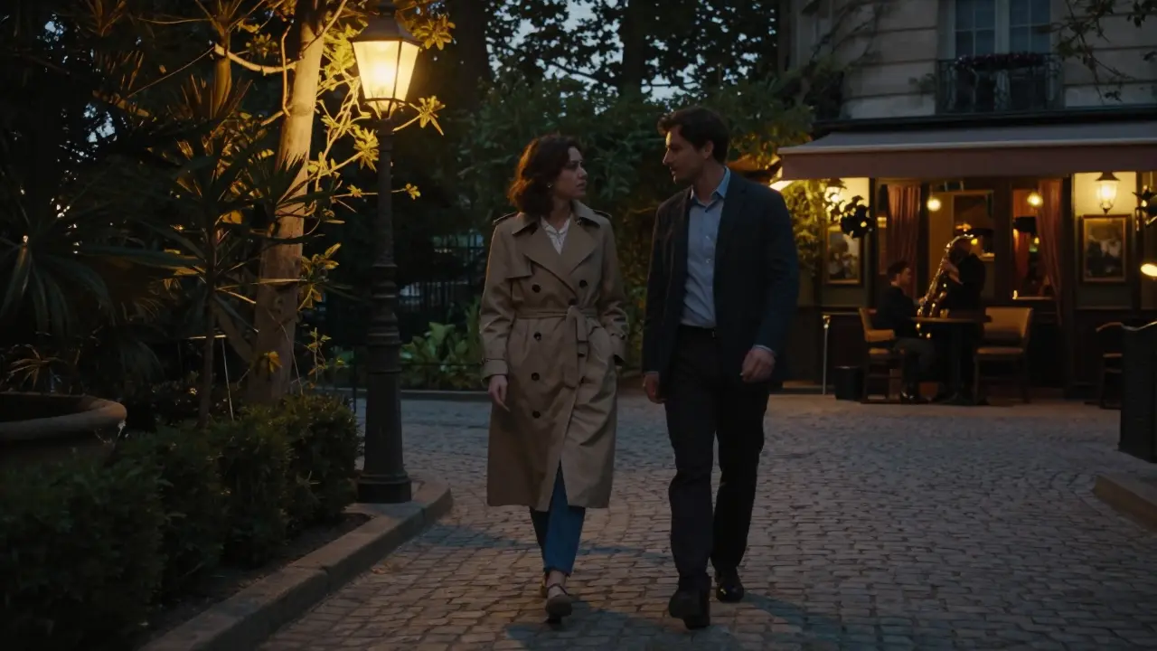 A woman and man walk silently through Saint-Germain gardens at twilight, lanterns glowing on cobblestones.