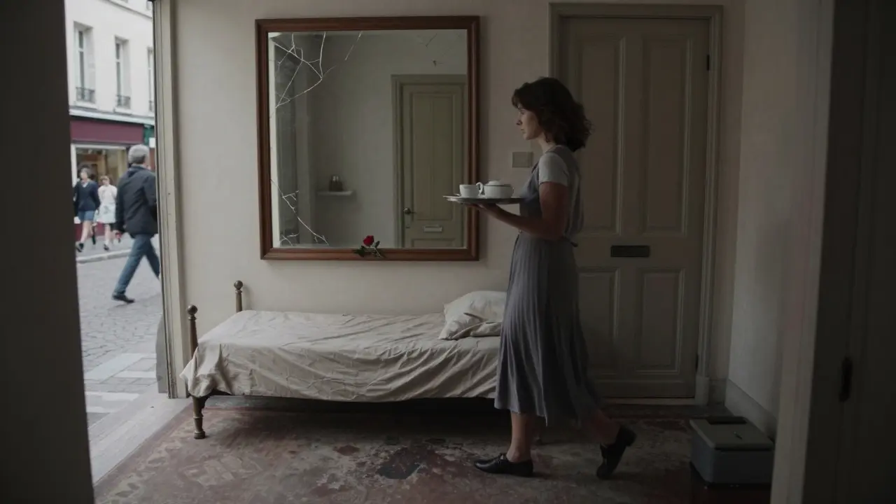A woman carries tea down a quiet hallway in Montmartre, her face unseen, morning light filtering in.