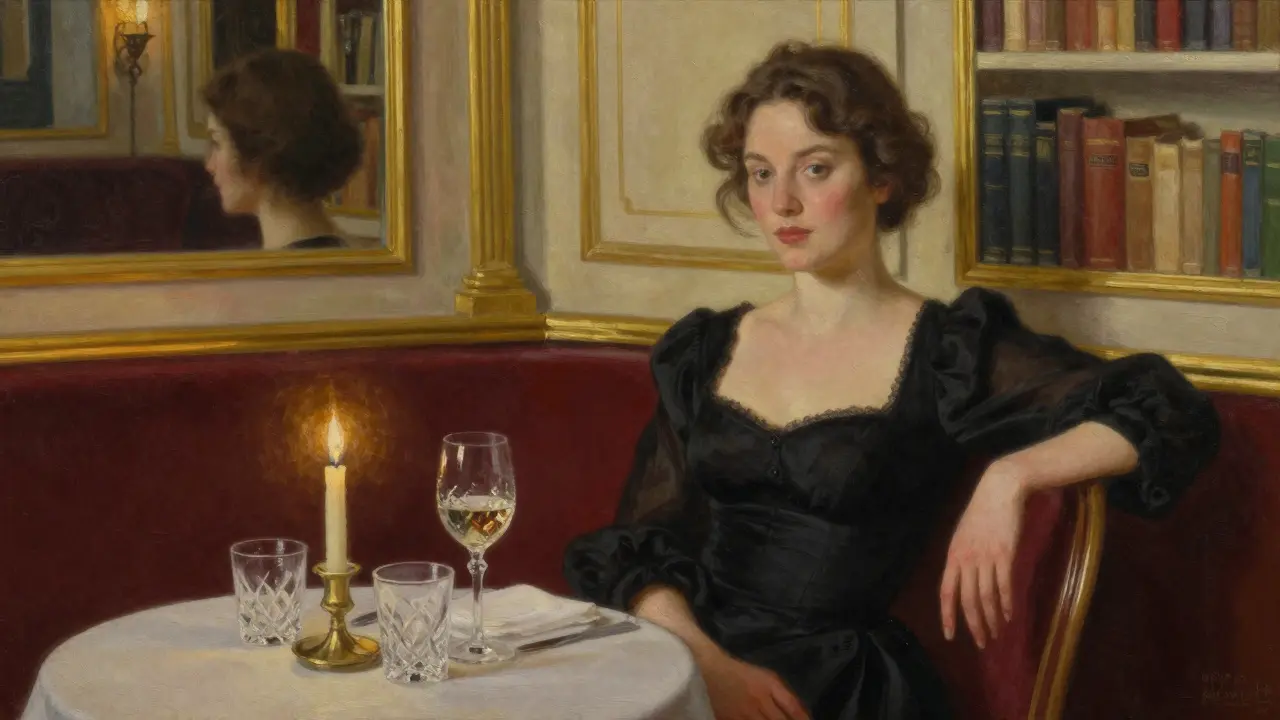 A woman in a black dress at a candlelit table in a historic Paris restaurant, serene and composed.