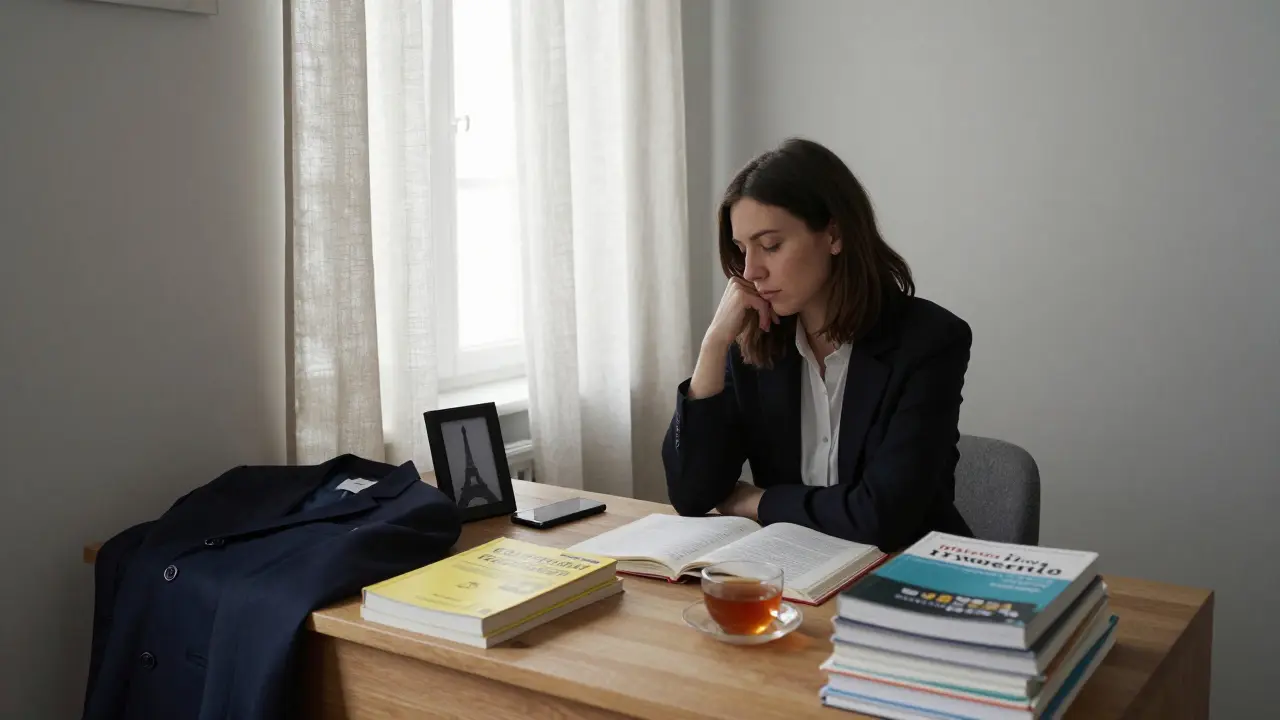 A woman in a modest Paris apartment surrounded by books, dry-cleaned clothes, and a burner phone.