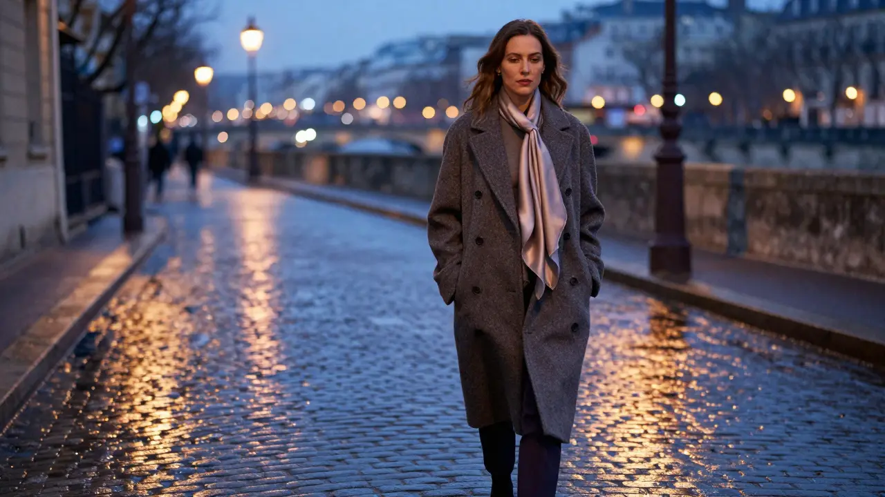 A woman in a wool coat walks silently down a cobblestone street in Paris at dusk, streetlamps glowing.