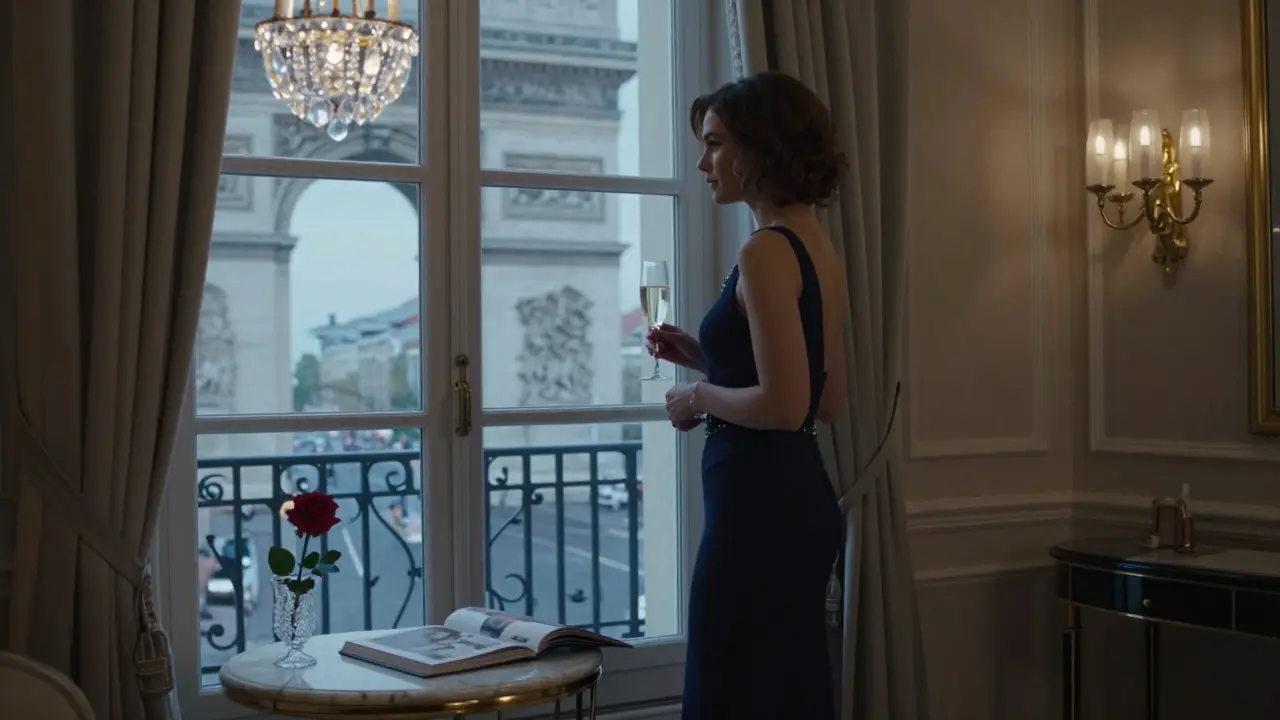 A woman in an evening gown by a hotel window, overlooking Paris at night.
