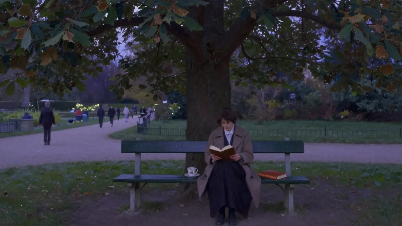 A woman reads on a bench in Jardin des Plantes at dusk, tea beside her, chestnut leaves falling gently, shadows lengthening under the trees.