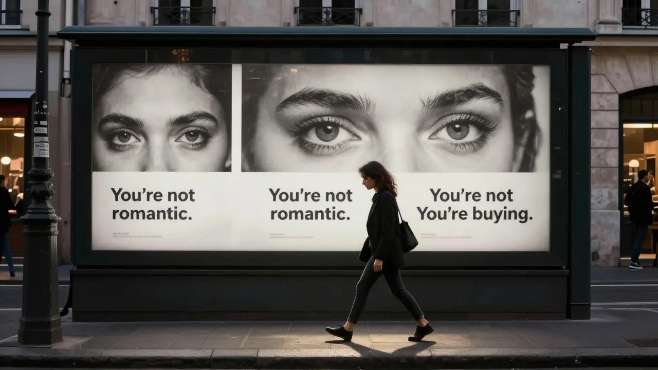 A woman walking past anti-prostitution billboards in Montmartre, head down, under dim streetlights.