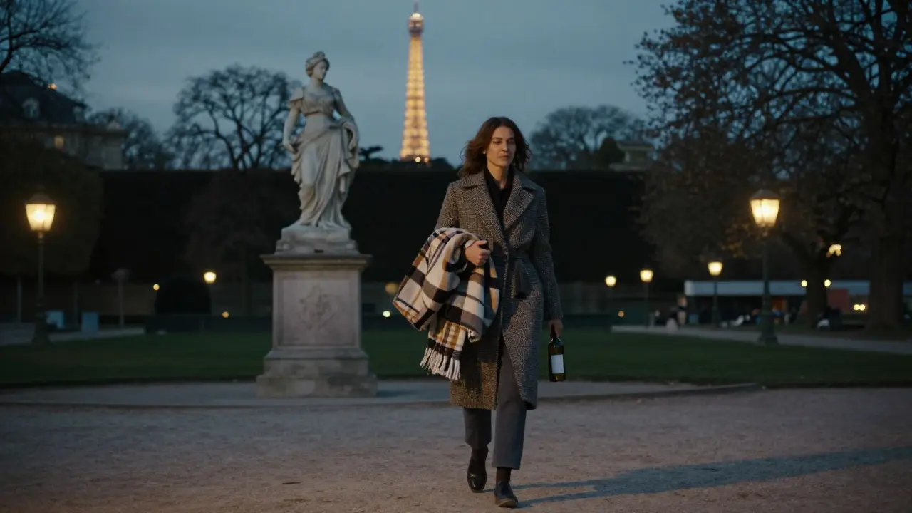 A woman walking through Luxembourg Gardens at dusk with a blanket and wine, Eiffel Tower faintly visible.