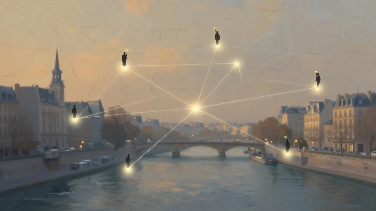Abstract map of Paris with glowing threads connecting hidden spots of human connection.