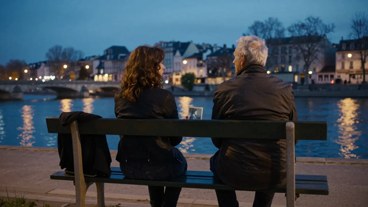 An elderly man and woman sit together on a park bench by the Seine at dusk, sharing silent companionship.