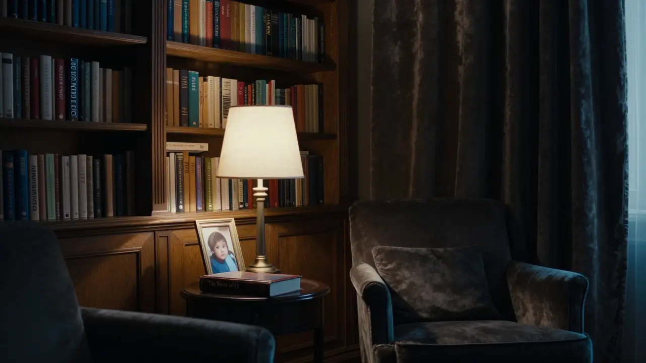 An empty Parisian apartment with books, a lamp, and a hidden photo of a child on a side table.