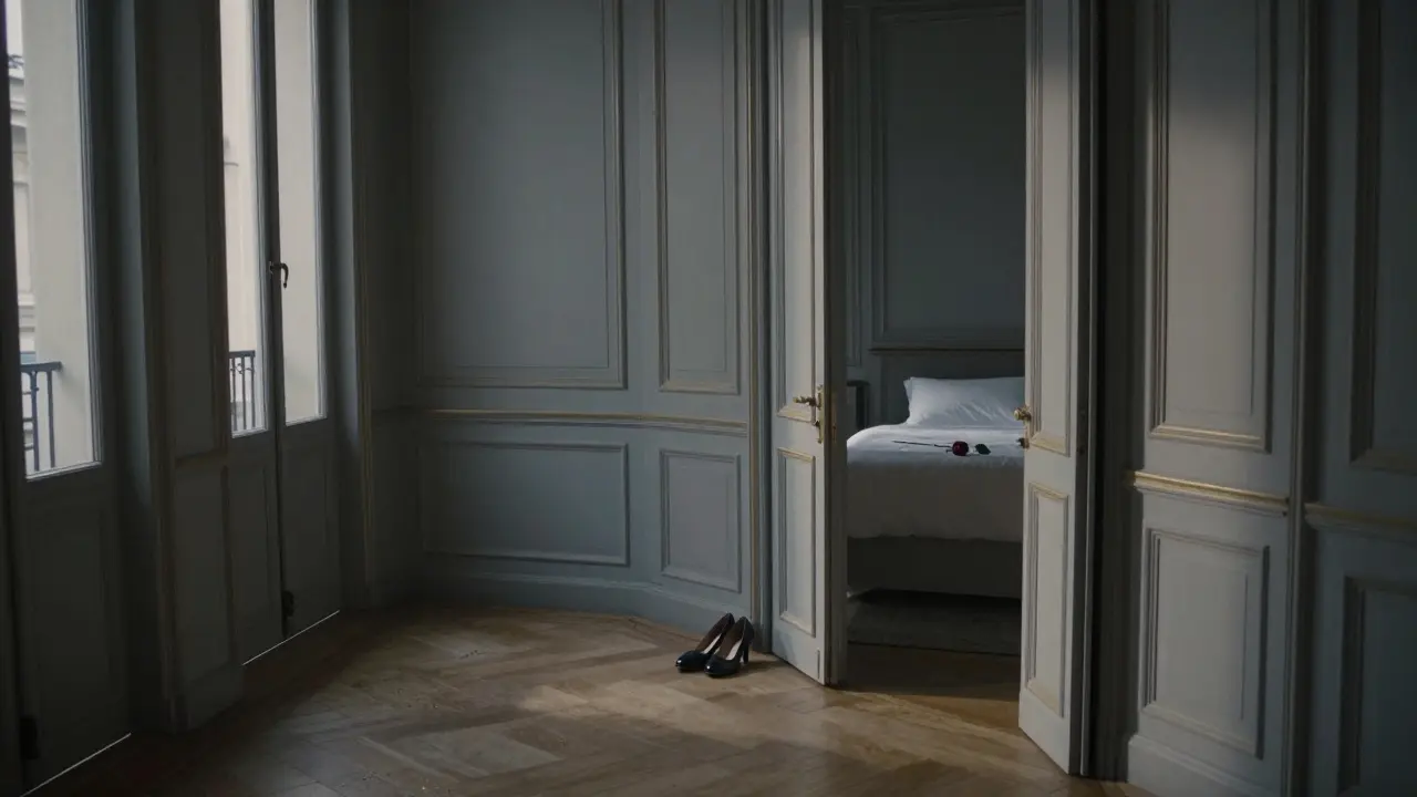An empty Parisian hallway at dawn, a rose on a bed and shoes neatly placed by a slightly open door.