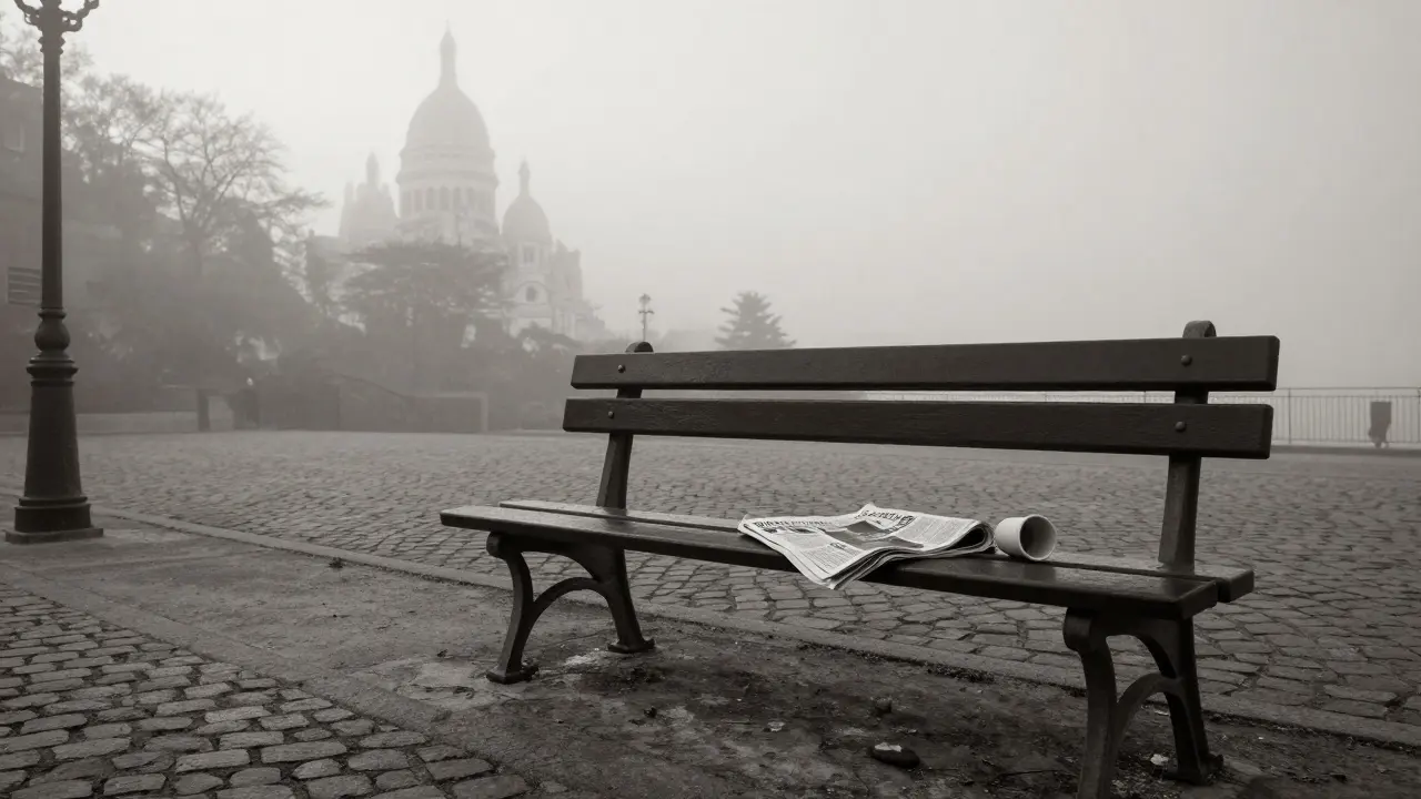 An empty park bench at dawn in Montmartre, with a coffee cup and newspaper left behind.