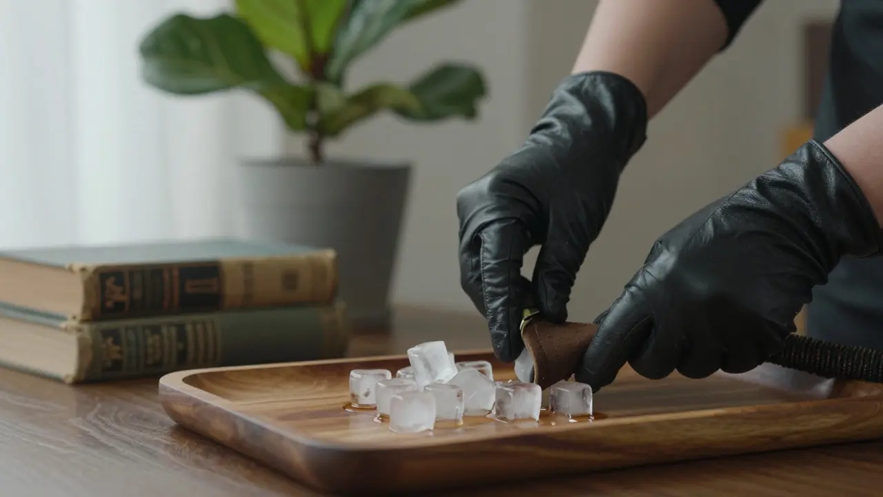 Black leather gloves adjusting a suede whip and ice cubes on a wooden tray.