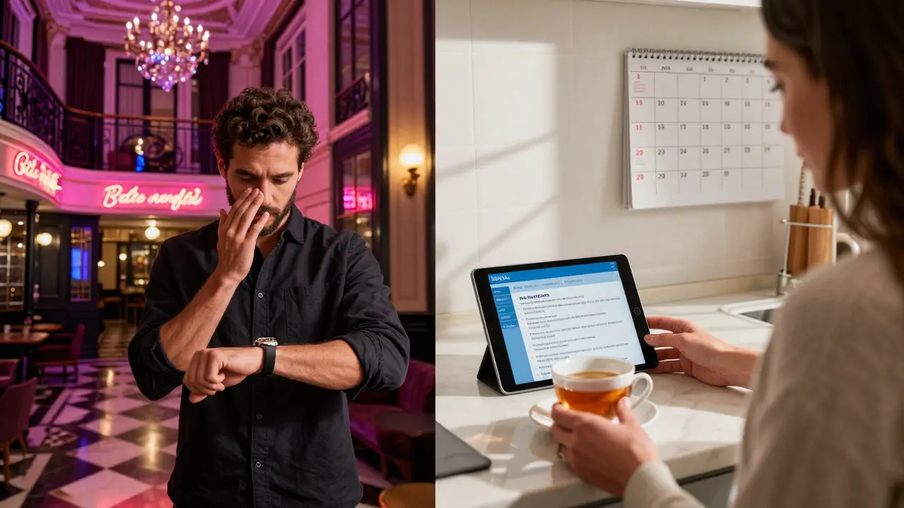 Contrasting scenes: flashy hotel lobby vs. cozy kitchen where an escort offers tea, highlighting honest service over luxury.