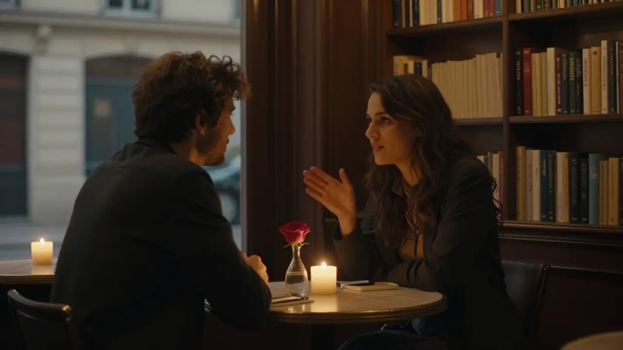 Couples sharing a quiet moment at a cozy Paris café, candlelight, authentic Marais ambiance.