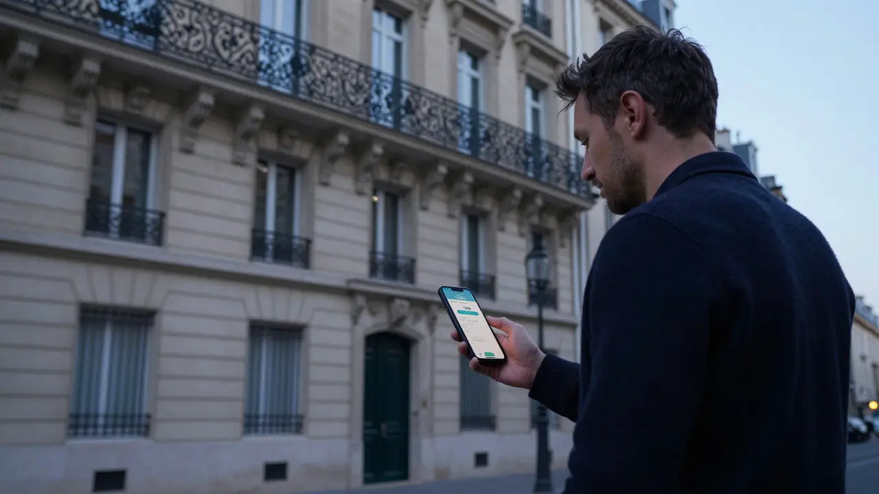 Man confirming meeting details outside a classic Parisian building at dusk, safe and prepared.