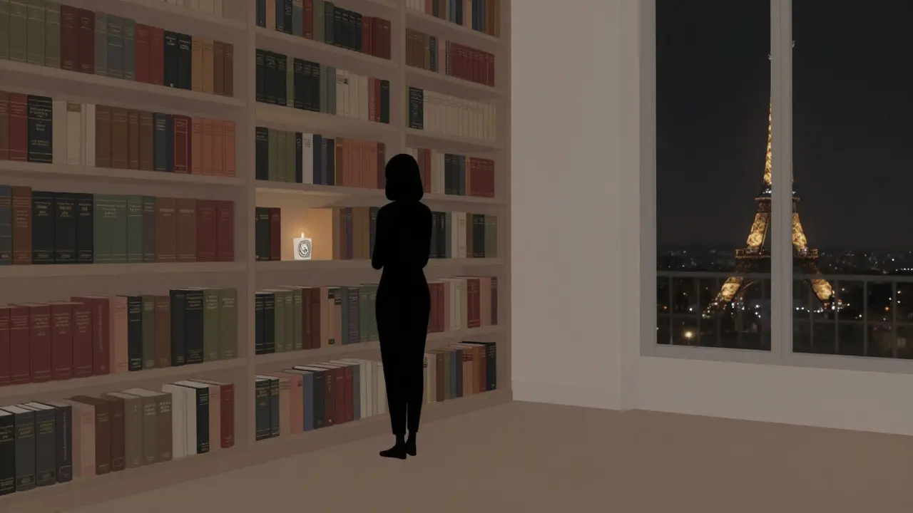 Silhouette before a library in a Paris apartment, candle glow and distant Eiffel Tower reflection.