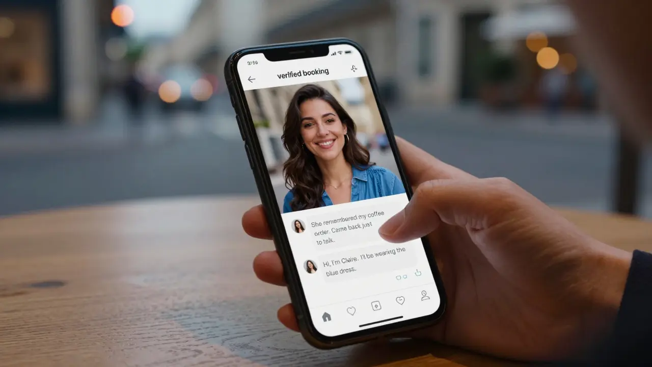 Smartphone screen showing a client review and a voice message from an escort, reflecting warmth and personal connection in Paris.