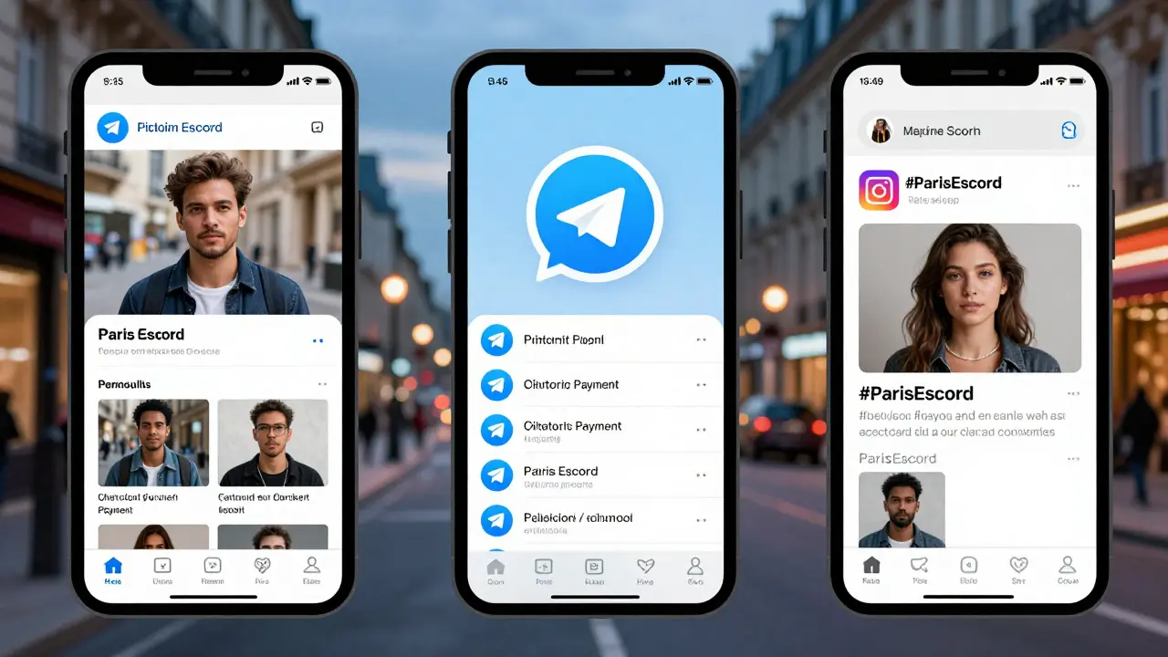 Smartphone screen showing scammy escort ads, Telegram messages, and Instagram hashtags against Paris dusk.