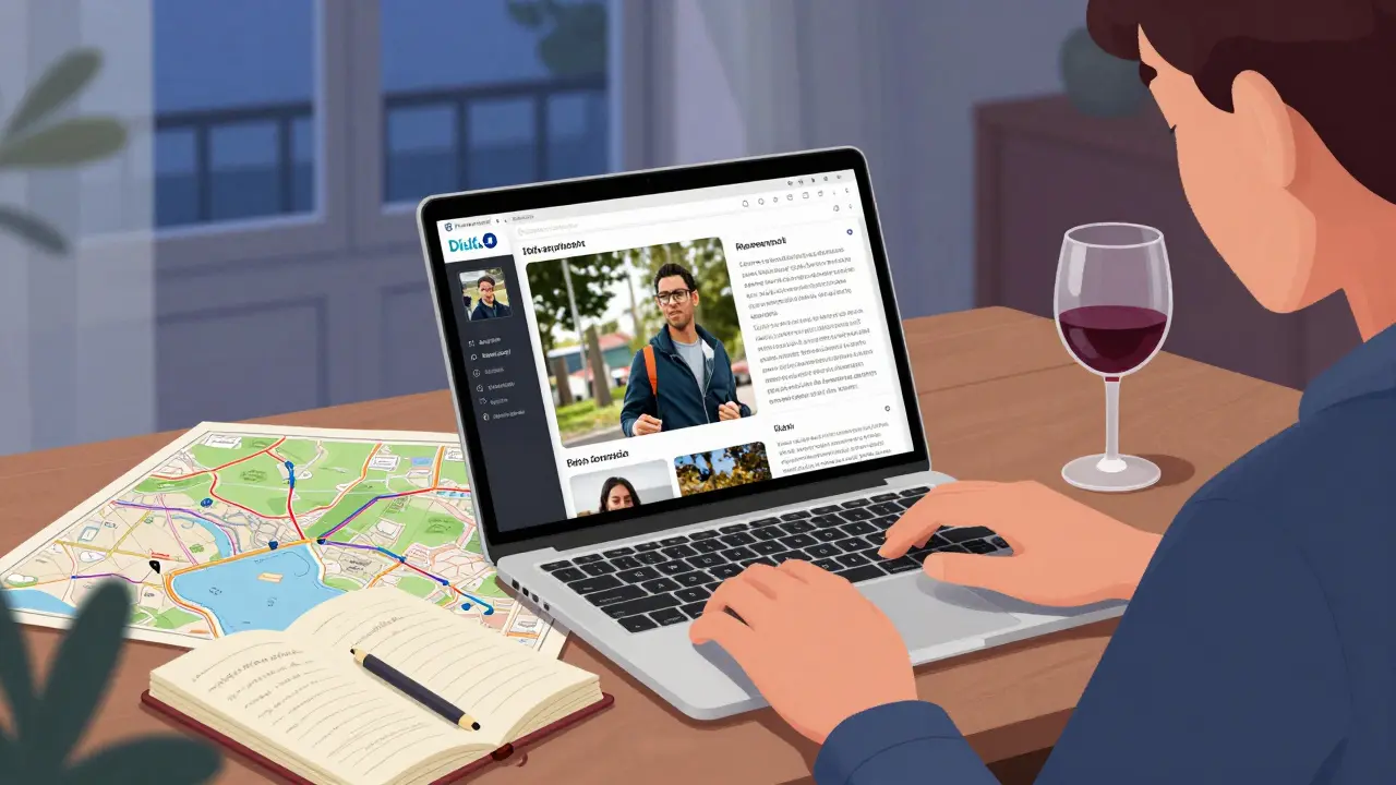 Someone reviewing an escort profile on a laptop in a quiet apartment, surrounded by maps and notes.